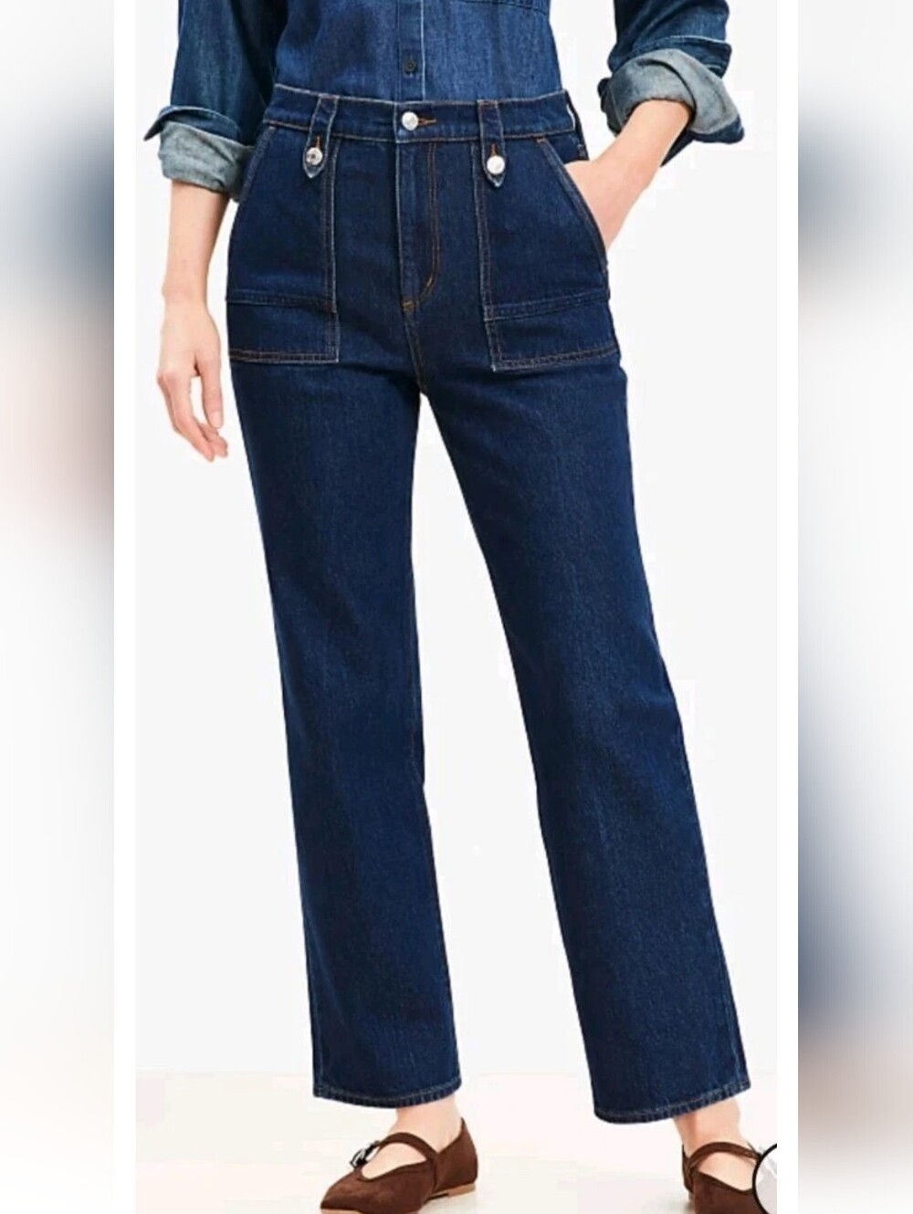 NWT Loft High Rise Straight Utility Jeans Dark Wash Denim Boho Festival 27 4
